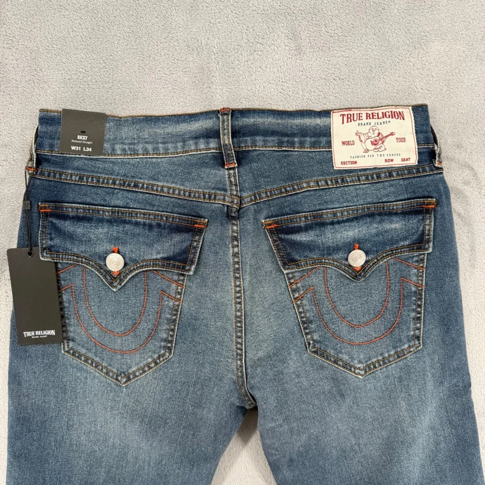 True Religion Ricky Flap Straight‎ Jeans Medium Cuzzy Firefade Wash Mens Size 31